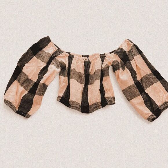 laude the label Tops - Laude the Label 100% Cotton Checkered Off-Shoulder Puff Sleeve Top Cottagecore S